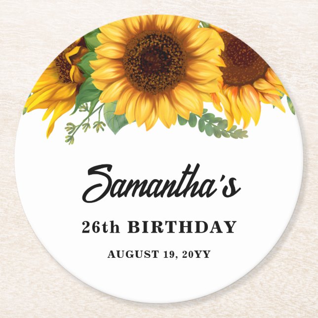 Rustic Sunflower Birthday Round Paper Coaster (Front)