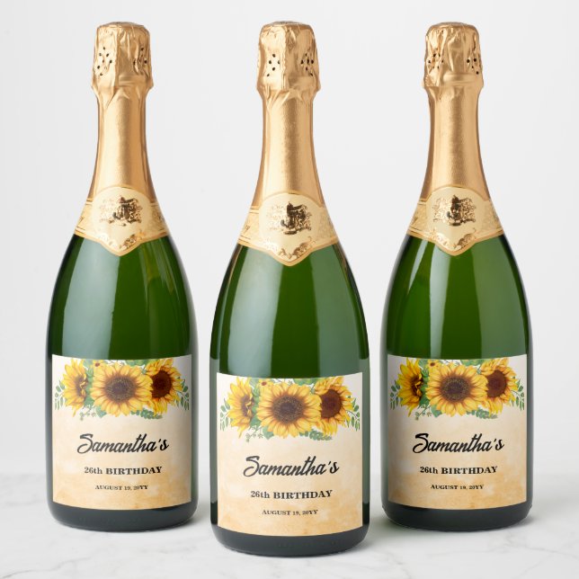 Rustic Sunflower Birthday Sparkling Wine Label (Bottles)