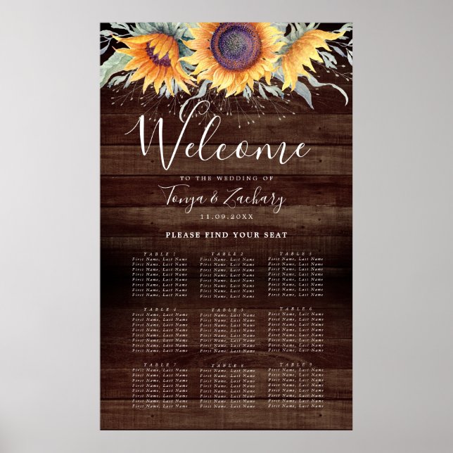 Rustic Sunflower Bloom 9 Table Seating Chart (Front)