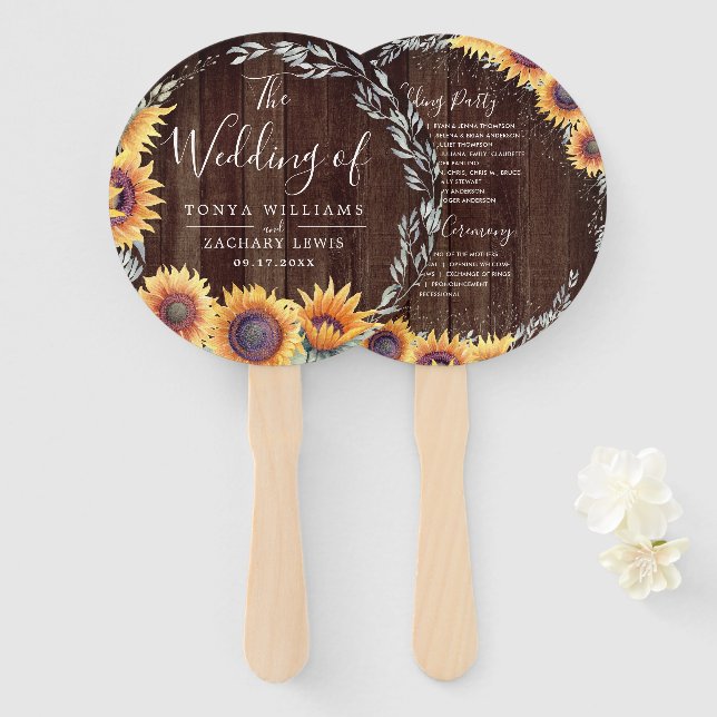 Rustic Sunflower Bloom | Wedding Program Hand Fan (Front and Back)