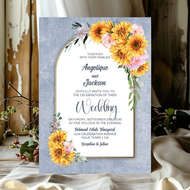 Rustic Sunflower Blue Arch Wedding Invitation (Creator Uploaded)