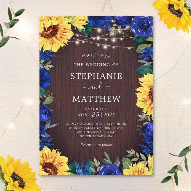 Rustic Sunflower Blue Floral Lights Wedding Invitation (Creator Uploaded)