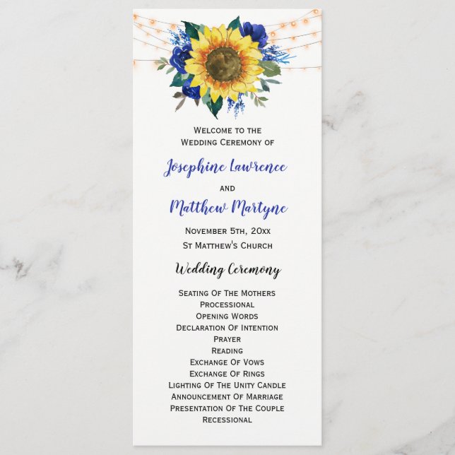 Rustic Sunflower Blue Floral Lights Wedding Program (Front)