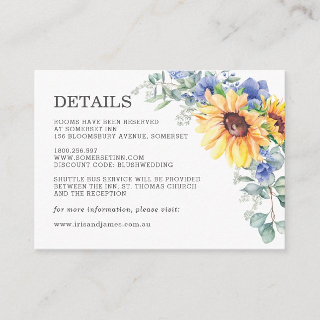 Rustic Sunflower Blue Floral Wedding Details Enclosure Card (Front)
