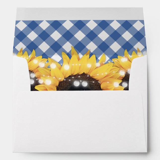 Rustic Sunflower Blue Gingham Wedding Envelope (Back (Bottom))