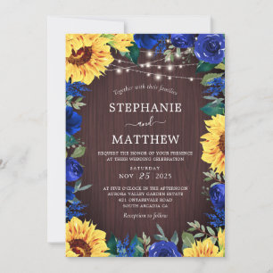 Rustic Sunflower Blue Lights Wood Wedding Invitation