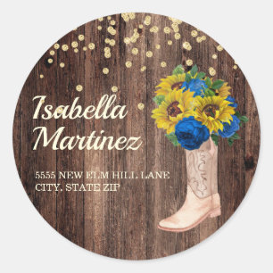 Rustic Sunflower Blue Roses Boots Address Classic Round Sticker
