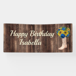 Rustic Sunflower Blue Roses Boots Happy Birthday Banner