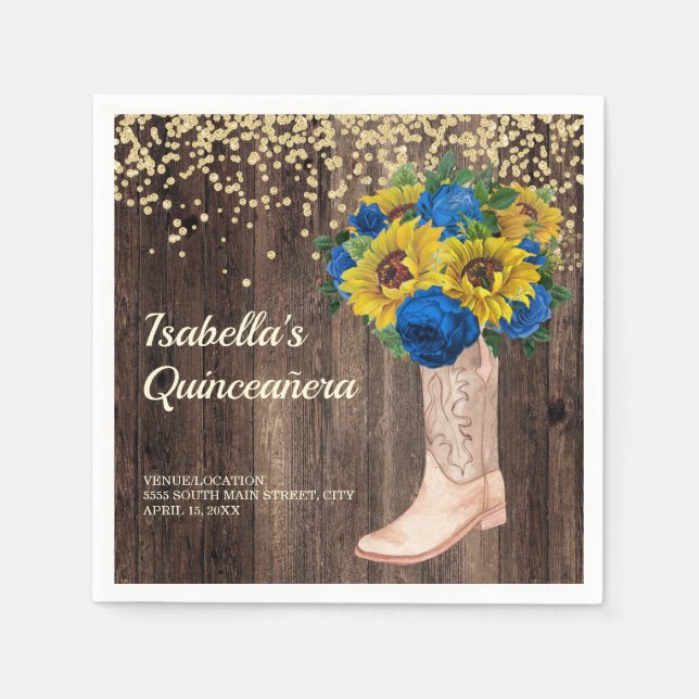 Rustic Sunflower Blue Roses Boots Quinceañera Napkin (Front)