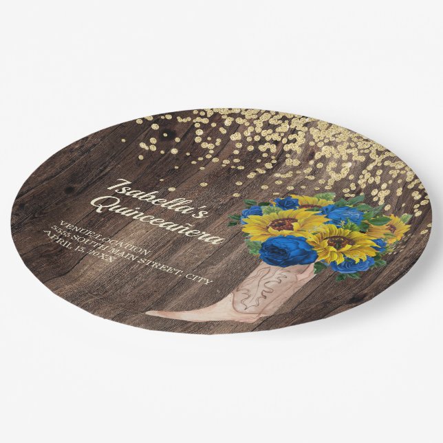 Rustic Sunflower Blue Roses Boots Quinceañera Paper Plate (Angled)