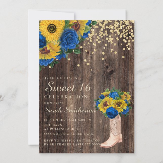 Rustic Sunflower Blue Roses Boots Sweet 16 Invitation (Front)
