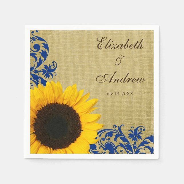 Rustic Sunflower Blue Swirls Personalised Wedding Napkin (Front)
