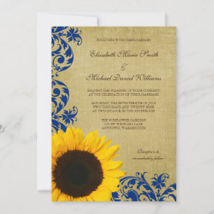 Rustic Sunflower Blue Swirls Wedding Invitation