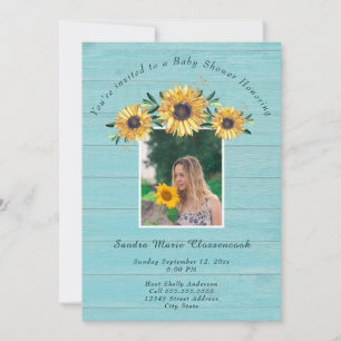 Rustic Sunflower Blue Wood Boy Baby Shower Invitation
