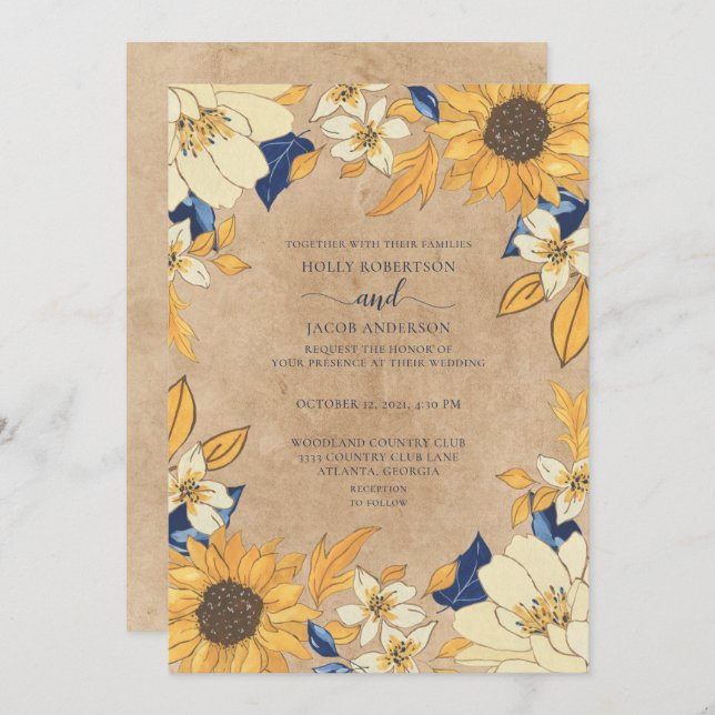 Rustic Sunflower Blue Yellow Floral Wedding Invitation (Front/Back)