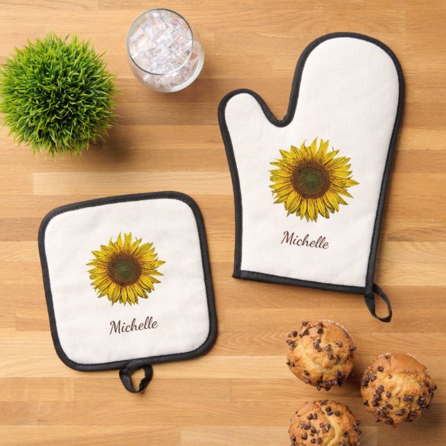 Rustic Sunflower Boho Botanical Personalized Oven Mitt & Pot Holder Set (Top Down)