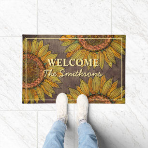 Rustic Sunflower Boho Taupe Personalised Welcome Doormat