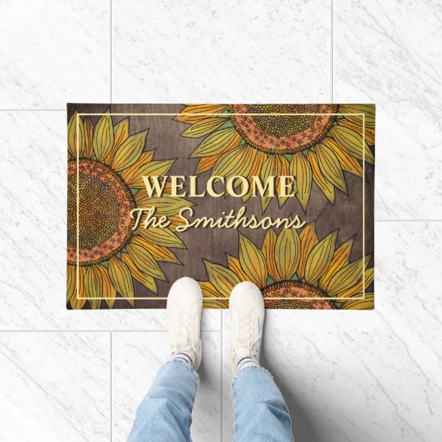   Rustic Sunflower Boho Taupe Personalised Welcome Doormat (Indoor)