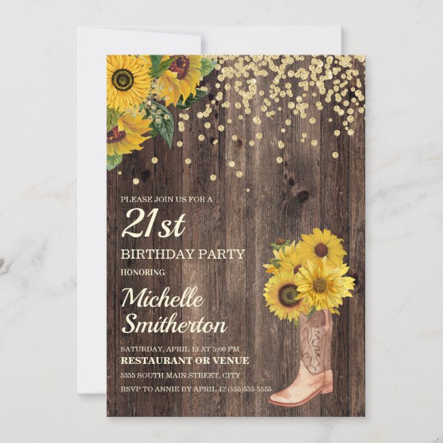 Rustic Sunflower Boots Glitter 21st Birthday Invitation (Front)