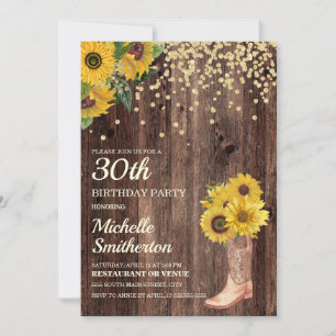 Rustic Sunflower Boots Glitter 30th Birthday Invitation