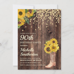 Rustic Sunflower Boots Glitter 90th Birthday Invitation