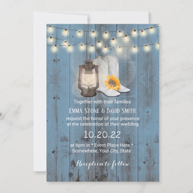 Rustic Sunflower Boots & Lantern Western Wedding Invitation (Front)