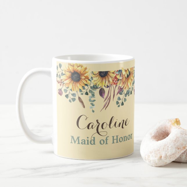 Rustic Sunflower Botanical Maid of Honour Mug (With Donut)
