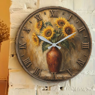Rustic Sunflower Bouquet Vintage Farmhouse Floral Large Clock