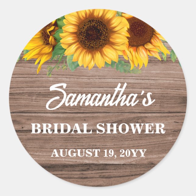 Rustic Sunflower Bridal Shower  Classic Round Sticker (Front)