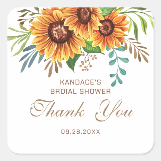 Rustic Sunflower Bridal Shower Thank You Favour Square Sticker (Front)