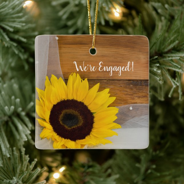 Rustic Sunflower Bridal Veil Country Engagement Ceramic Ornament (Tree)