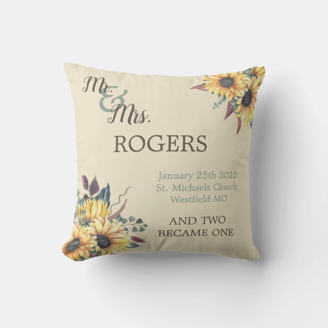 Rustic Sunflower Bride and Groom Throw Pillow (Front)
