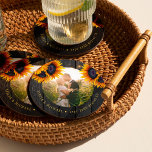 Rustic sunflower bride groom photo wedding favour round paper coaster<br><div class="desc">Rustic country wedding round photo personalised drink coaster favour gift with yellow gold sunflower bouquets over a dark brown barn wood with strings of twinkle lights.            Easy to customise with your text and photo!           It can be a pretty keepsake gift for a new couple.</div>