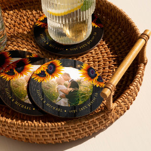 Rustic sunflower bride groom photo wedding favour round paper coaster
