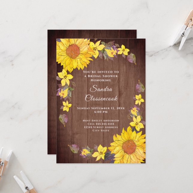 Rustic Sunflower Brown Wood Wedding Bridal Shower Invitation (Front/Back In Situ)