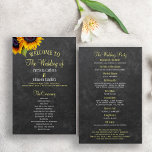 Rustic sunflower BUDGET wedding program<br><div class="desc">Elegant country rustic wedding ceremony and party budget affordable program template featuring two beautiful yellow orange sunflowers and a faux gold and white chic calligraphy script on a dark grey charcoal chalkboard background.             Personalise it with your details!            Suitable for garden rustic country summer or autumn fall backyard outdoor weddings.</div>