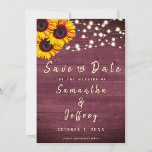 Rustic Sunflower Burdundy Wood Wedding Save The Date