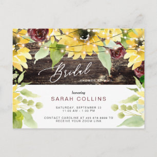 Rustic Sunflower & Burgundy Bridal Shower  Invitation Postcard