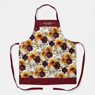 Rustic Sunflower Burgundy Fall Floral Watercolor Apron
