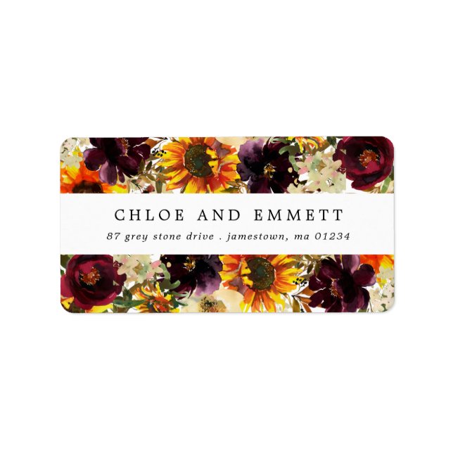 Rustic Sunflower Burgundy  Floral Address Label (Front)
