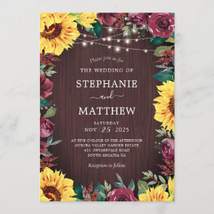 Rustic Sunflower Burgundy Floral Lights Wedding Invitation