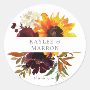Rustic Sunflower & Burgundy Floral Thank You Classic Round Sticker