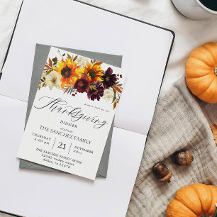 Rustic Sunflower & Burgundy Floral Thanksgiving Invitation