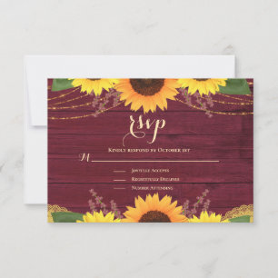 Rustic Sunflower Burgundy Gold Lace Wedding RSVP Card
