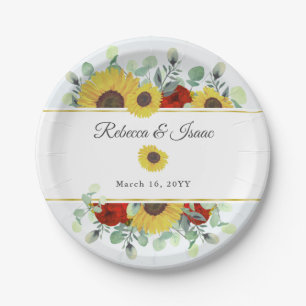 Rustic Sunflower Burgundy Red Floral Wedding Paper Plate