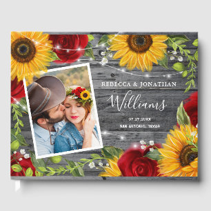Rustic Sunflower Burgundy Red Rose Wood Wedding Guest Book