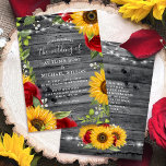 Rustic Sunflower Burgundy Red Rose Wood Wedding Invitation<br><div class="desc">Unique and lovely rustic country sunflower wedding invitations that you can personalise for your Big Day! This unique design found only on Zazzle includes sunflowers, burgundy red roses, white baby's breath and floral greenery hand painted by Raphaela Wilson in watercolor and other mixed media. In the background is a vintage,...</div>