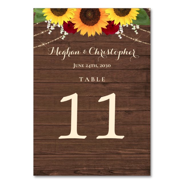 Rustic Sunflower Burgundy Red Roses Wood Wedding Table Number (Front)