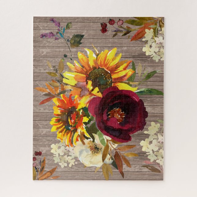 Rustic Sunflower Burgundy Red White Floral Jigsaw Puzzle (Vertical)