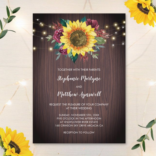 Rustic Sunflower Burgundy Rose Wood Lights Wedding Invitation (Creator Uploaded)